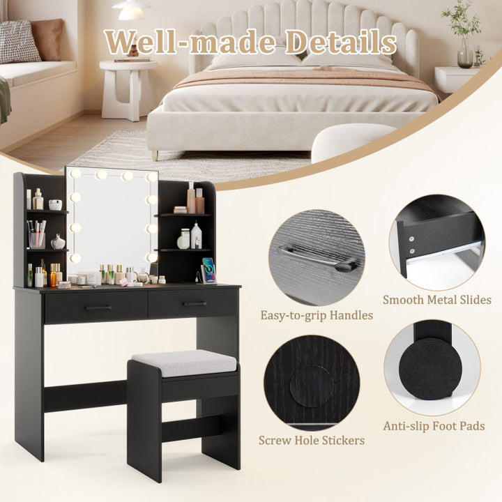 Vanity Set with Lighted Mirror and Stool with Power Outlet