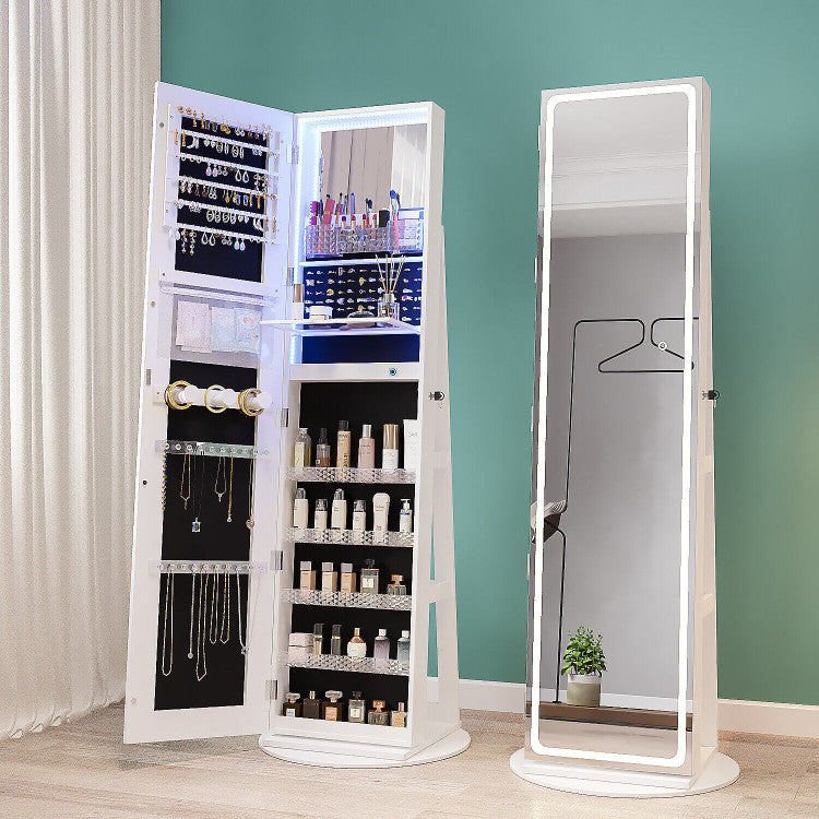 4-in-1 Freestanding Jewelry Cabinet 360° Swivel Standing Jewelry Armoire Organizer with Lockable Door and Foldable Makeup Shelf