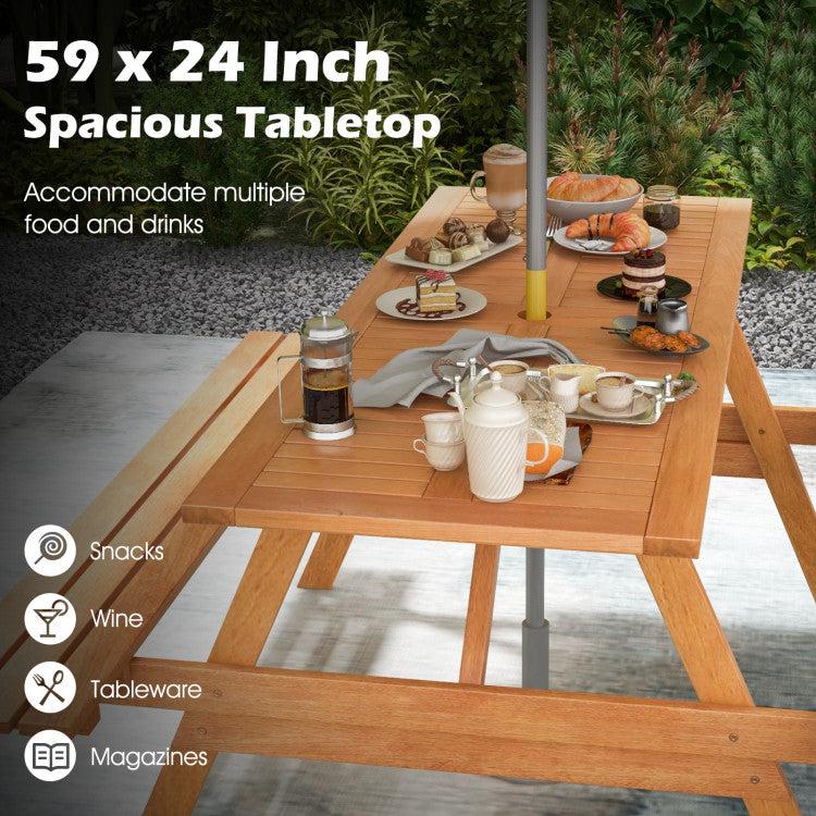 6 Person Outdoor Hardwood Picnic Table Set with 2 Built-in Benches and Umbrella Hole