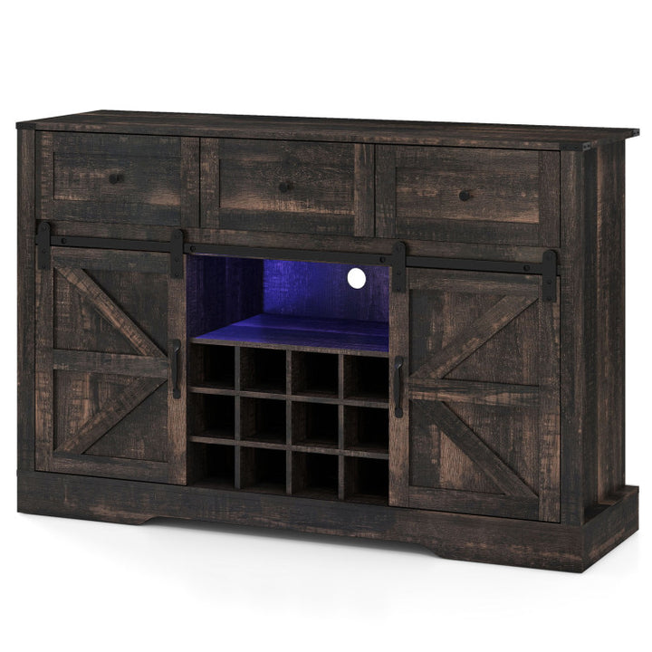 52 Inches Wine Bar Cabinet with LED Lights and Sliding Barn Doors