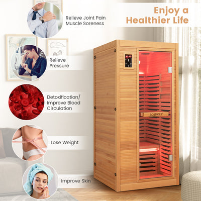 Wooden Single-Person Sauna Room Far Infrared Home Sauna with Temperature Timer Adjustment and Built-in Stereo Dual Speakers