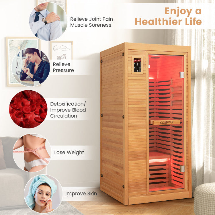 Wooden Single-Person Sauna Room Far Infrared Home Sauna with Temperature Timer Adjustment and Built-in Stereo Dual Speakers