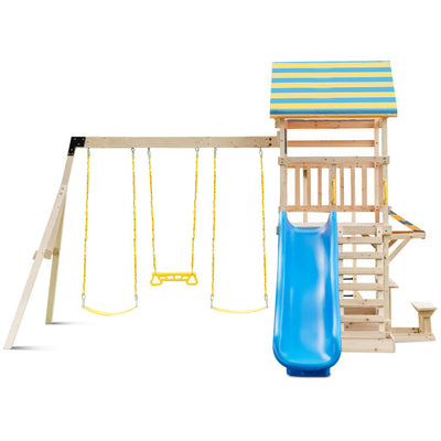 Outdoor Wooden Swing Set Children's Playset Backyard Play Equipment with Steering Wheel and Large Upper Deck Slide