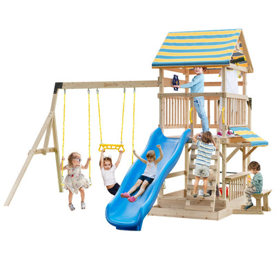Outdoor Wooden Swing Set Children's Playset Backyard Play Equipment with Steering Wheel and Large Upper Deck Slide