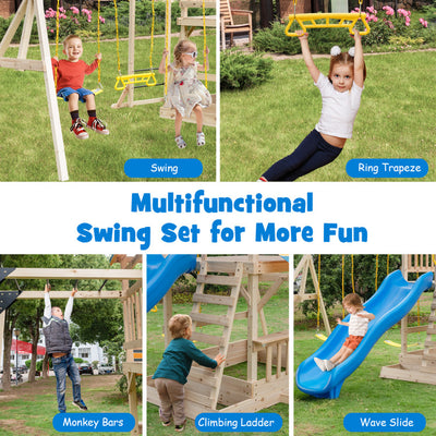 Outdoor Wooden Swing Set Children's Playset Backyard Play Equipment with Steering Wheel and Large Upper Deck Slide