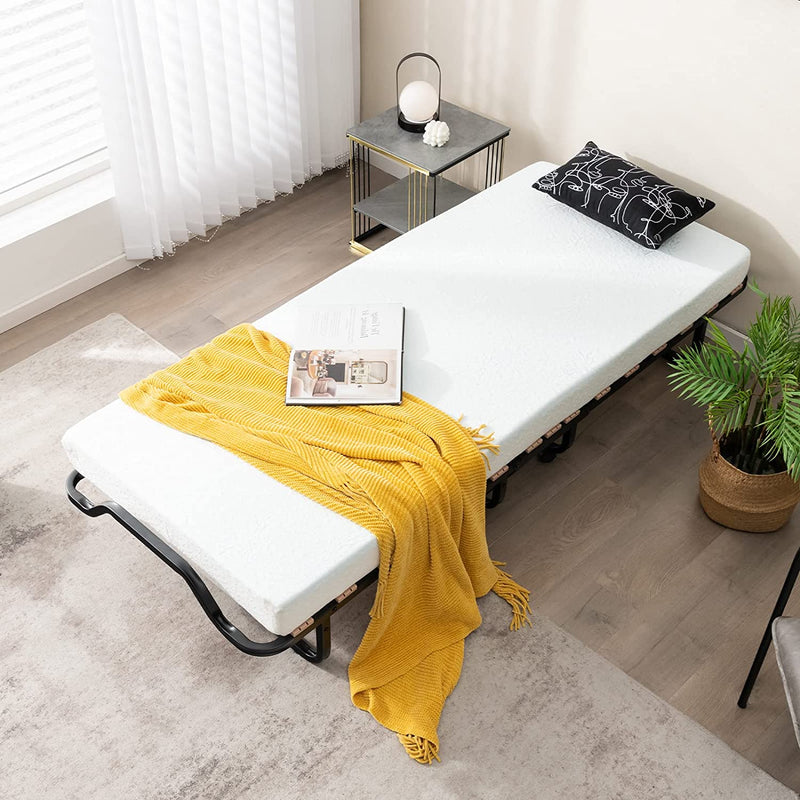 78 x 31 Inch Portable Guest Bed Twin Size Folding Bed Rollaway Bed Frame with Lockable Wheels and Foam Mattress for Home Office