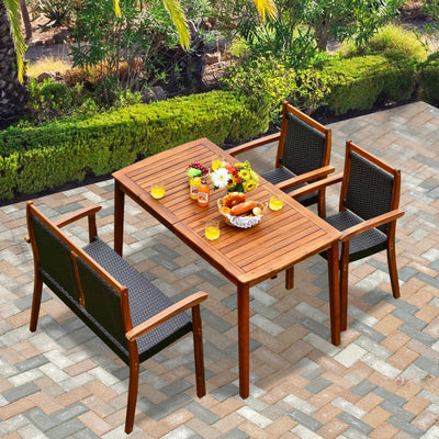 4 Pieces Outdoor Acacia Wood Dining Table Set Patio Loveseat with Stackable Chairs and Umbrella Hole