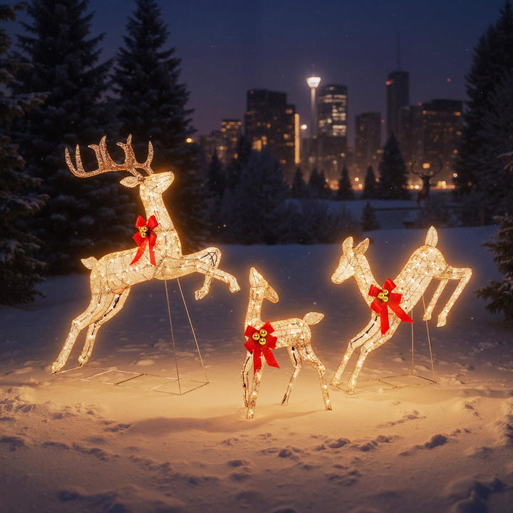3 Pcs Light up Christmas Reindeers, 60" H Pre-lit Glittering Deer Family Set w/ 255 Warm White Lights &amp; Bows