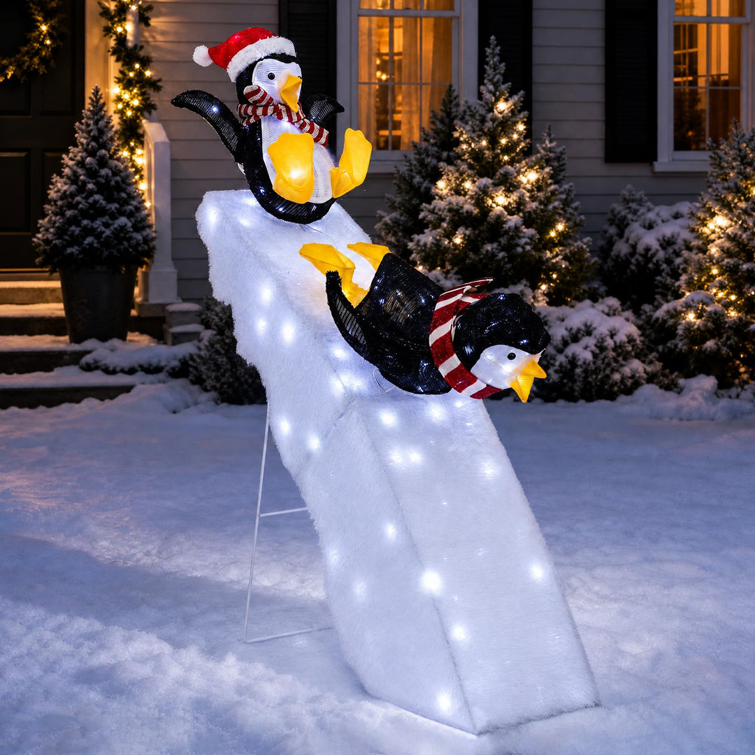 4 FT Tall Pre-Lit Outdoor Christmas Decoration, 2 Skiing Penguins &amp; Snowy Slide w/ 130 Cool White LED Lights