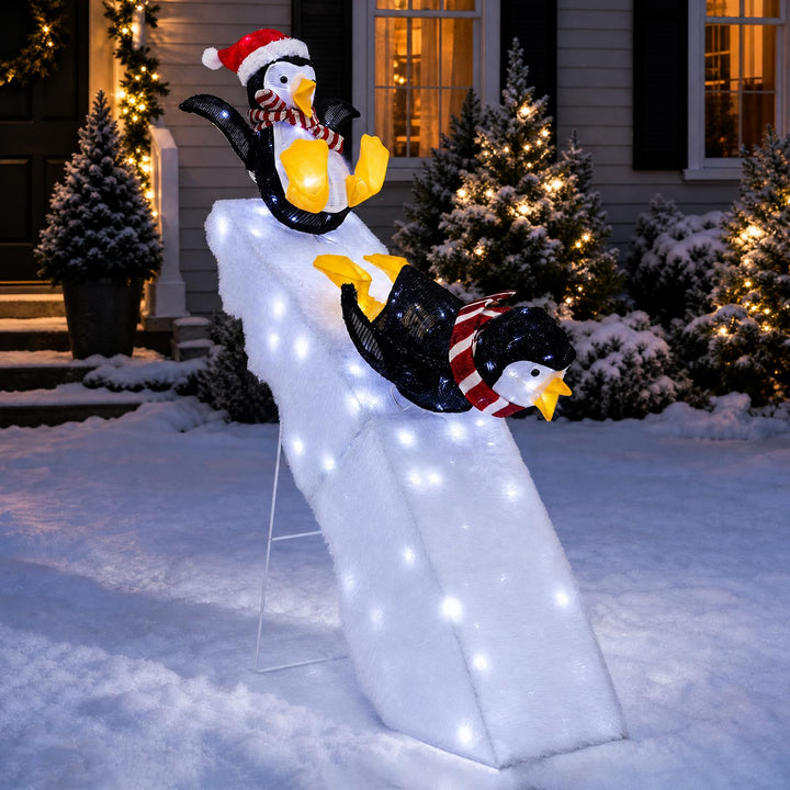 4 FT Tall Pre-Lit Outdoor Christmas Decoration, 2 Skiing Penguins &amp; Snowy Slide w/ 130 Cool White LED Lights