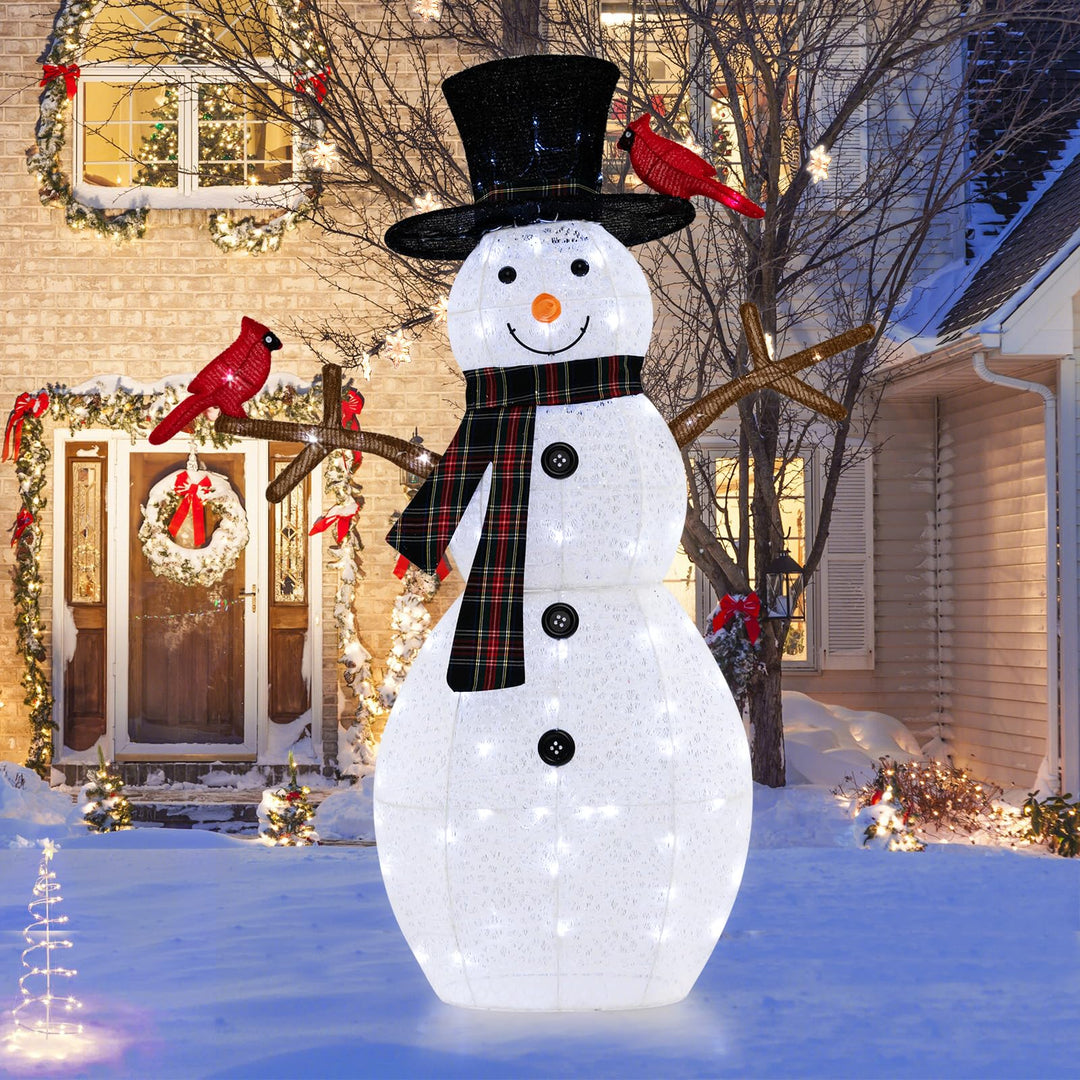 Lighted Snowman &amp; Redbirds Christmas Decoration, 4.2 FT/127 CM Pre-Lit Snowman Ornament with Warm-White LED Lights