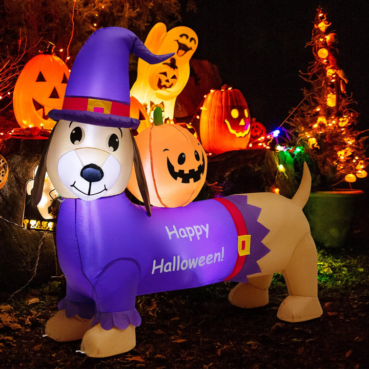 5FT Long Halloween Inflatable Dachshund Dog, Blow Up Outdoor Wiener Dog with Pumpkin &amp; Witch Hat