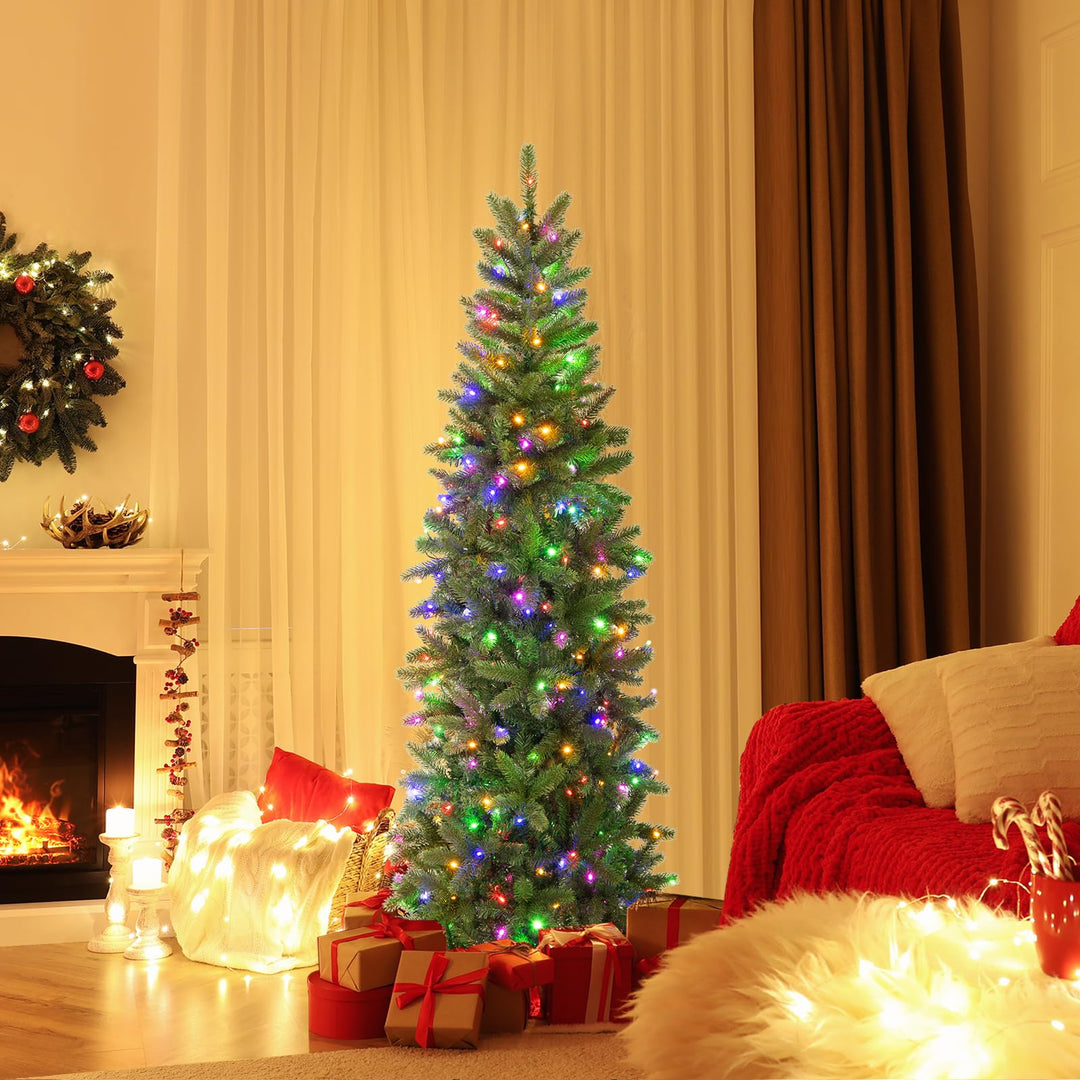 5 FT Pencil Christmas Tree, Pre-lit Xmas Tree with 180 Warm White &amp; Multi-color LED Lights