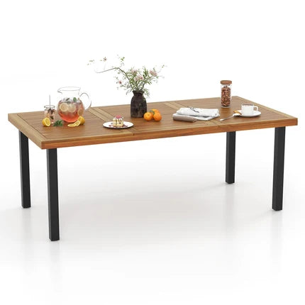 Patio Acacia Wood Dining Table with Umbrella Hole and Metal Legs