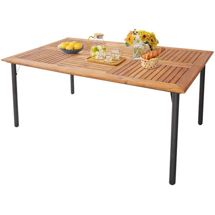 Patio Acacia Wood Dining Table with Umbrella Hole and Metal Legs