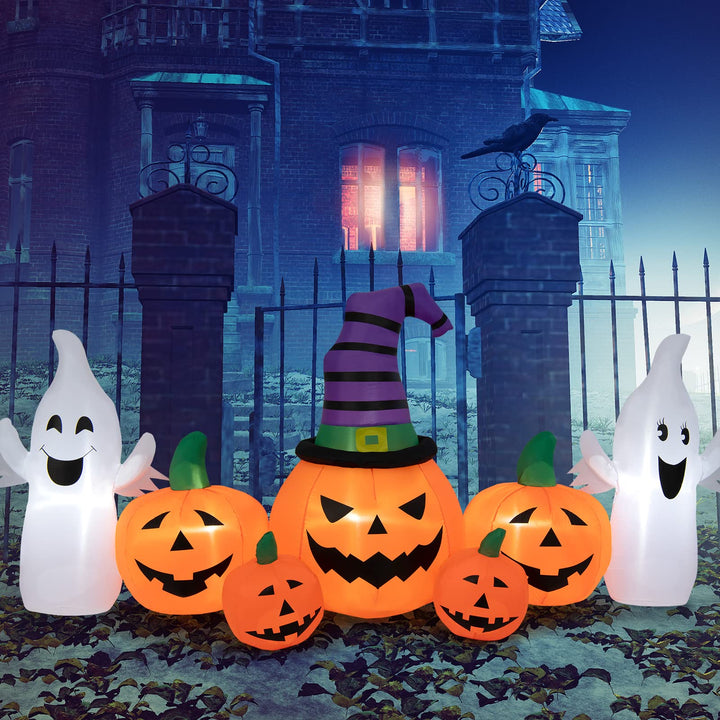 9FT Long Halloween Inflatable Pumpkins, Self Inflating Halloween Pumpkin Patch Lanterns w/ 2 Ghosts, LED Lights