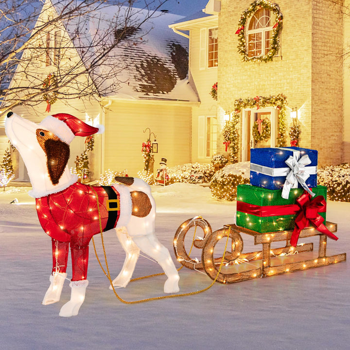 Lighted Christmas Decorations, Outdoor Pre-lit Xmas Dog &amp; Sleigh &amp; Gift Boxes Combo
