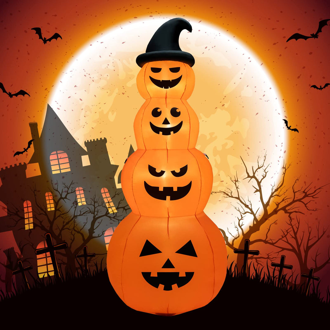 8FT Halloween Inflatable Pumpkin Stacks, 4 Stacked Pumpkins with Witch&