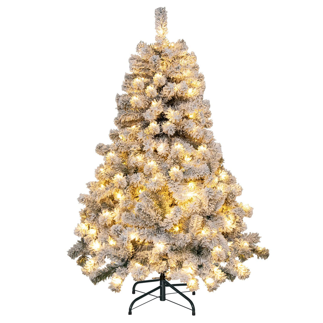 4.5 FT Flocked Christmas Tree, Pre-lit Hinged Xmas Tree with 150 Warm White LED Lights, 295 PVC Branch Tips