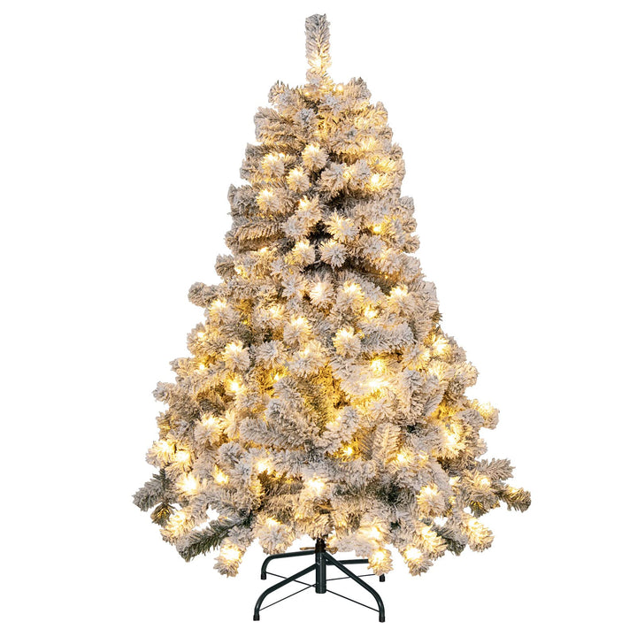 4.5 FT Flocked Christmas Tree, Pre-lit Hinged Xmas Tree with 150 Warm White LED Lights, 295 PVC Branch Tips