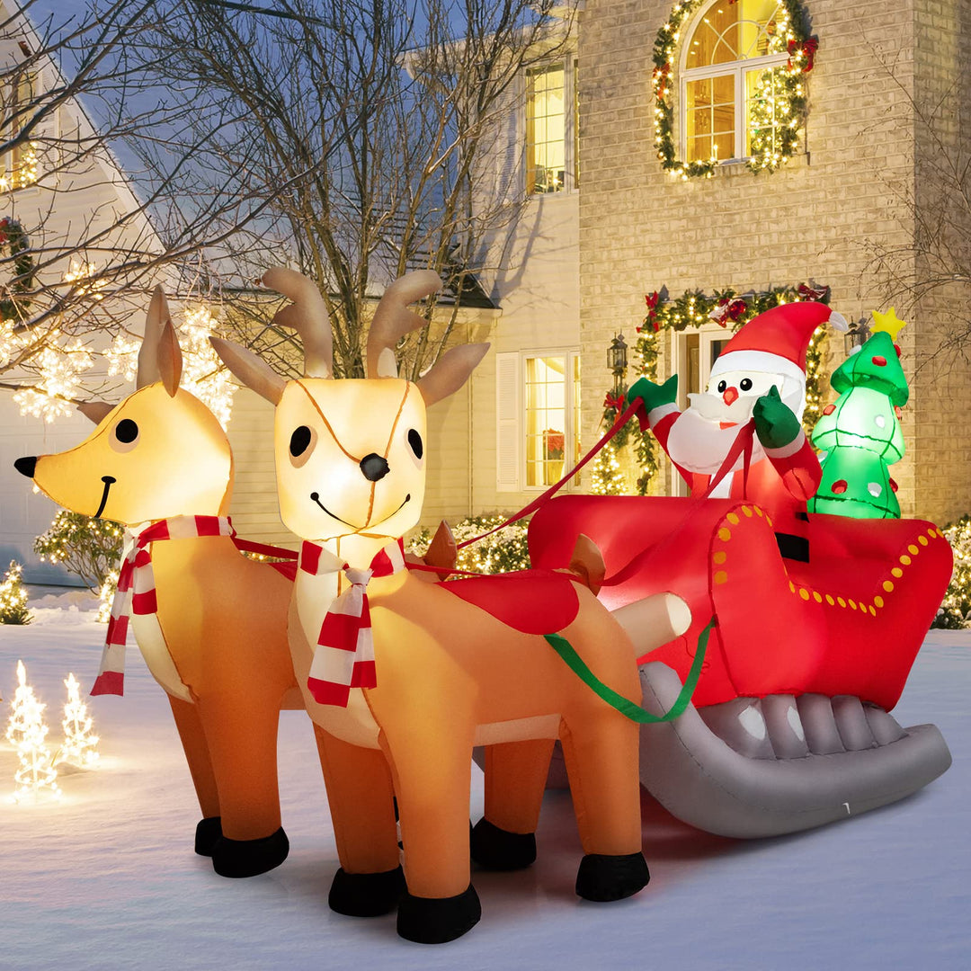 Inflatable Christmas Santa on Sleigh with 2 Reindeer &amp; Xmas Tree, 7.2 FT Long Outdoor Yard Decoration Featuring Built-in LED Lights for Festive Holiday Displays