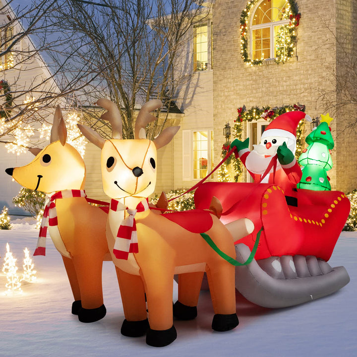 Inflatable Christmas Santa on Sleigh with 2 Reindeer &amp; Xmas Tree, 7.2 FT Long Outdoor Yard Decoration Featuring Built-in LED Lights for Festive Holiday Displays