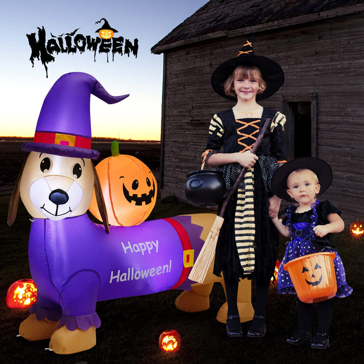 5FT Long Halloween Inflatable Dachshund Dog, Blow Up Outdoor Wiener Dog with Pumpkin &amp; Witch Hat
