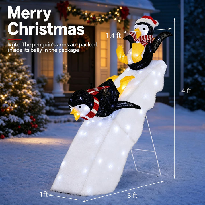 4 FT Tall Pre-Lit Outdoor Christmas Decoration, 2 Skiing Penguins &amp; Snowy Slide w/ 130 Cool White LED Lights