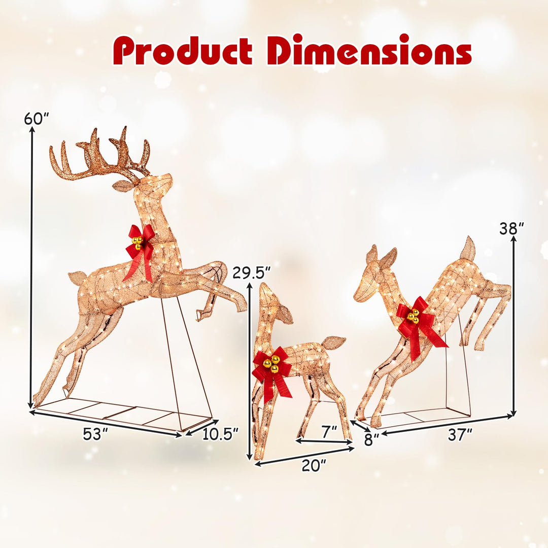 3 Pcs Light up Christmas Reindeers, 60" H Pre-lit Glittering Deer Family Set w/ 255 Warm White Lights &amp; Bows