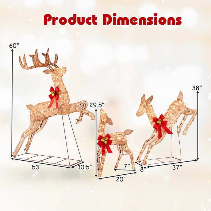 3 Pcs Light up Christmas Reindeers, 60" H Pre-lit Glittering Deer Family Set w/ 255 Warm White Lights &amp; Bows