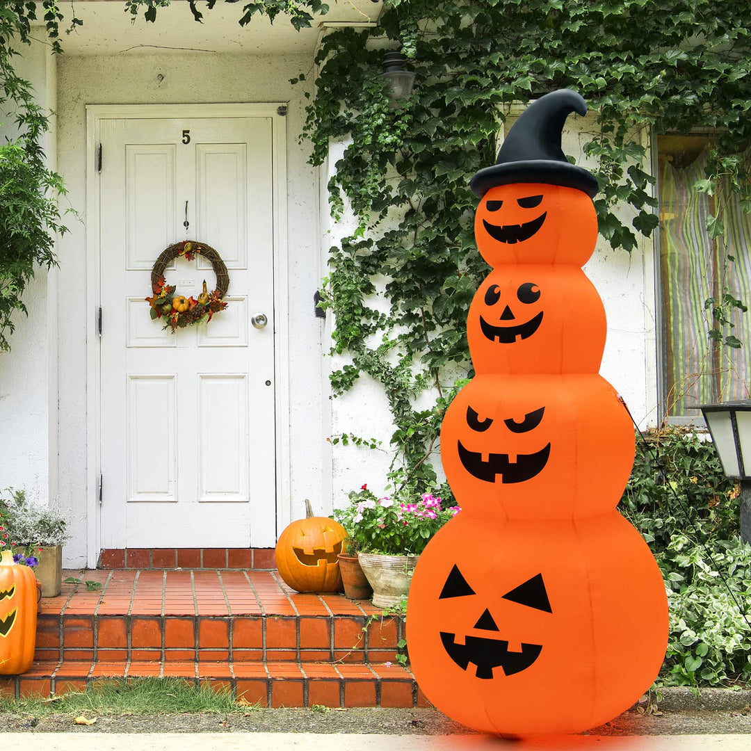 8FT Halloween Inflatable Pumpkin Stacks, 4 Stacked Pumpkins with Witch&