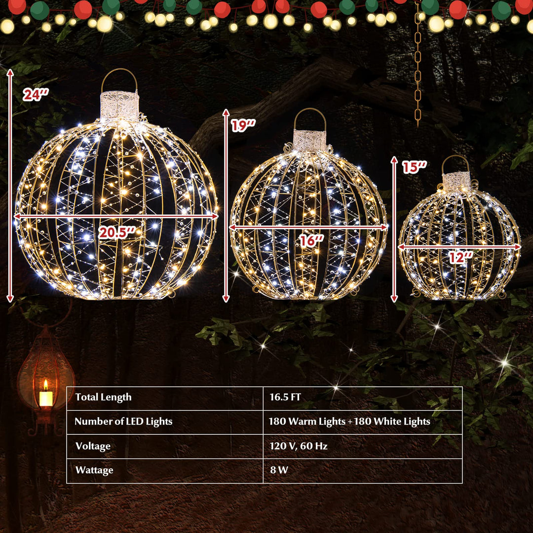 3-Piece Christmas LED Ball Lights, Outdoor Hanging Light Spheres with 360 LEDs