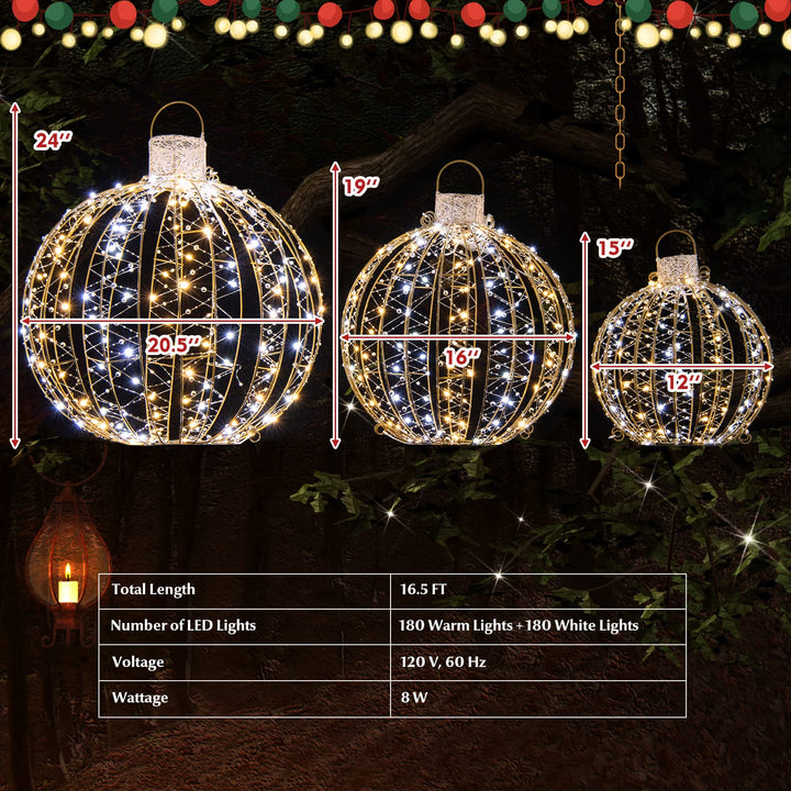 3-Piece Christmas LED Ball Lights, Outdoor Hanging Light Spheres with 360 LEDs
