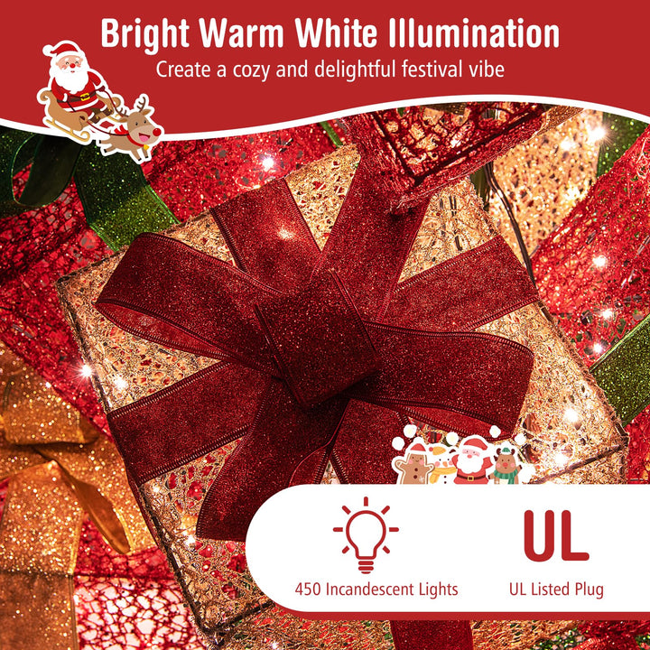 Lighted Christmas Gift Boxes Tower, 15 Pieces Stackable Pre-lit Xmas Present Boxes w/ 450 Warm White Lights