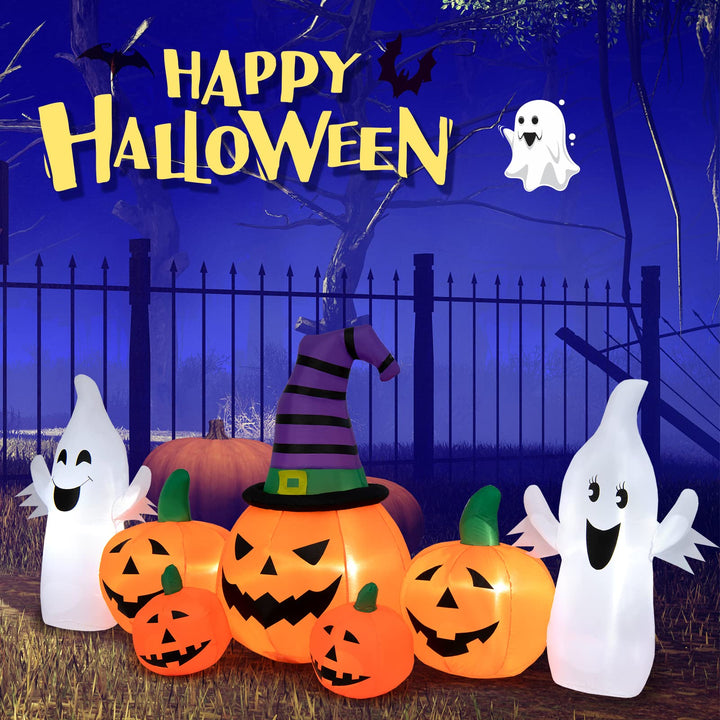 9FT Long Halloween Inflatable Pumpkins, Self Inflating Halloween Pumpkin Patch Lanterns w/ 2 Ghosts, LED Lights