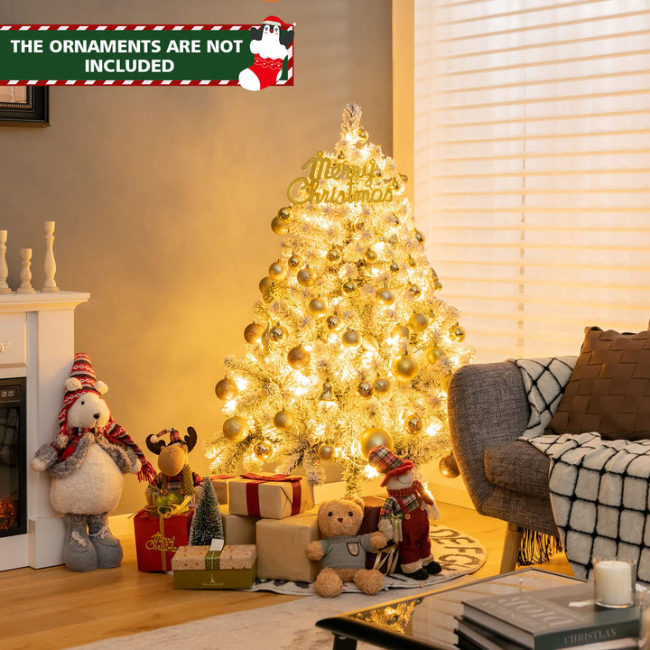 4.5 FT Flocked Christmas Tree, Pre-lit Hinged Xmas Tree with 150 Warm White LED Lights, 295 PVC Branch Tips