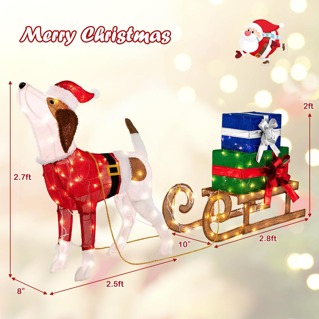 Lighted Christmas Decorations, Outdoor Pre-lit Xmas Dog &amp; Sleigh &amp; Gift Boxes Combo