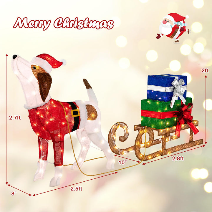Lighted Christmas Decorations, Outdoor Pre-lit Xmas Dog &amp; Sleigh &amp; Gift Boxes Combo