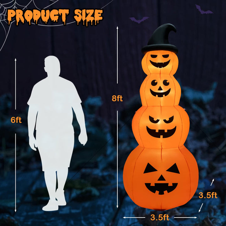 8FT Halloween Inflatable Pumpkin Stacks, 4 Stacked Pumpkins with Witch&