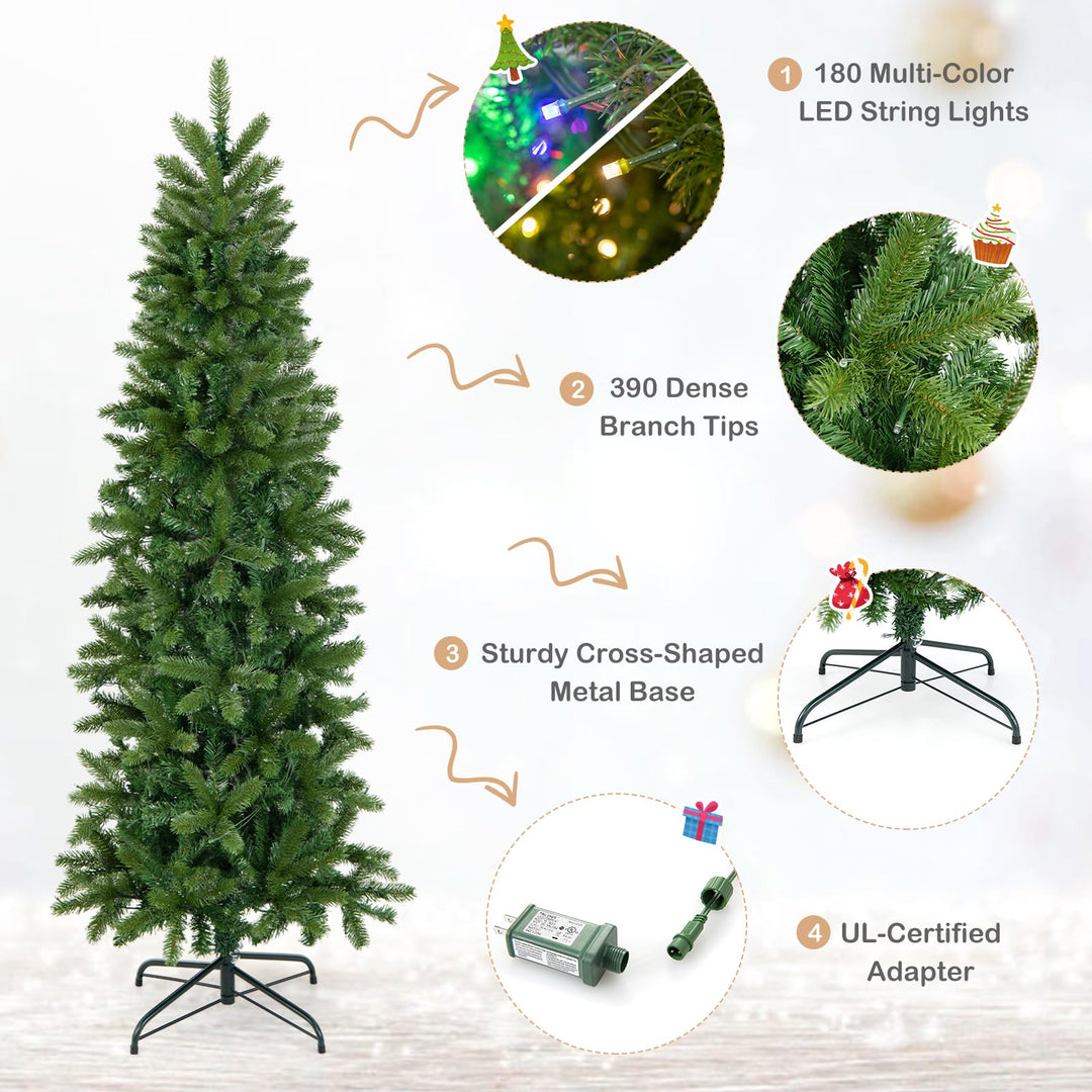 5 FT Pencil Christmas Tree, Pre-lit Xmas Tree with 180 Warm White &amp; Multi-color LED Lights