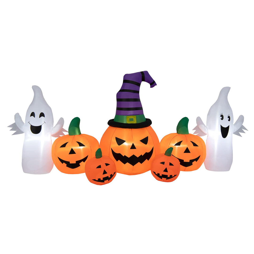 9FT Long Halloween Inflatable Pumpkins, Self Inflating Halloween Pumpkin Patch Lanterns w/ 2 Ghosts, LED Lights