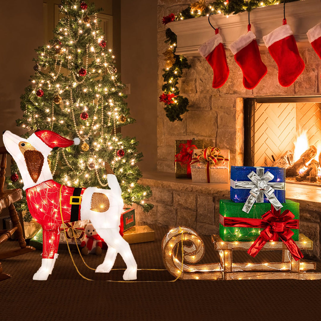Lighted Christmas Decorations, Outdoor Pre-lit Xmas Dog &amp; Sleigh &amp; Gift Boxes Combo