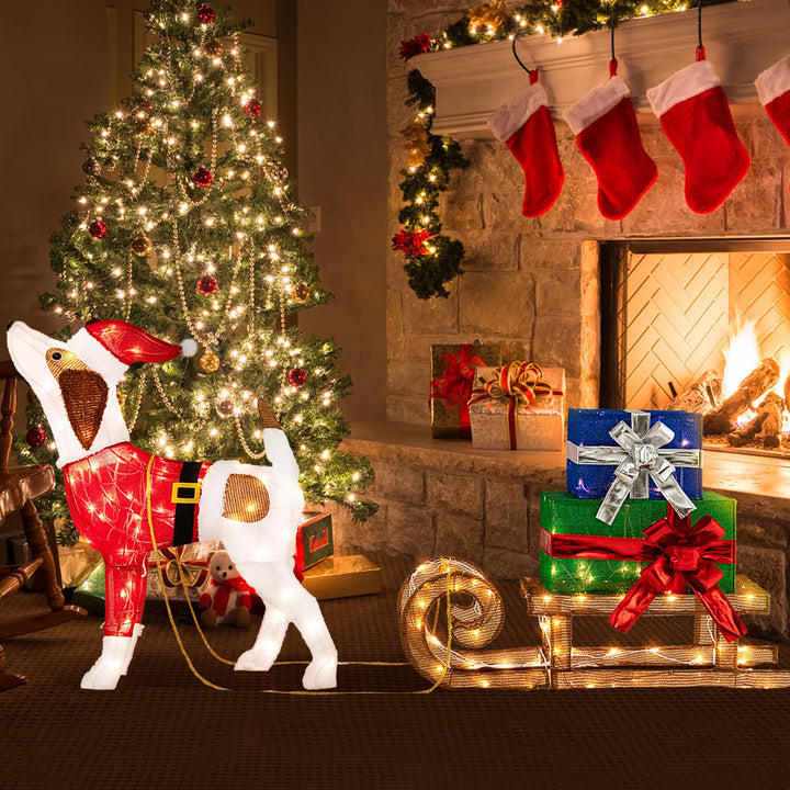 Lighted Christmas Decorations, Outdoor Pre-lit Xmas Dog &amp; Sleigh &amp; Gift Boxes Combo