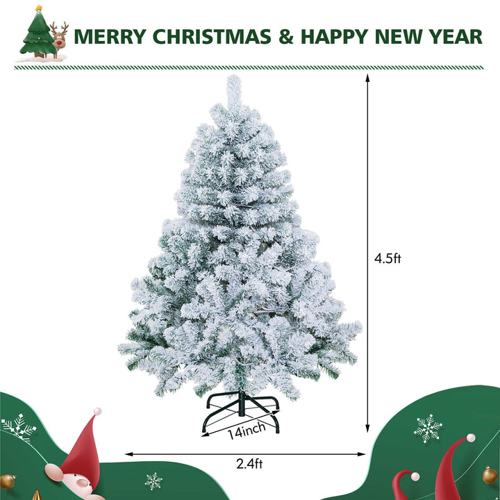 4.5 FT Flocked Christmas Tree, Pre-lit Hinged Xmas Tree with 150 Warm White LED Lights, 295 PVC Branch Tips