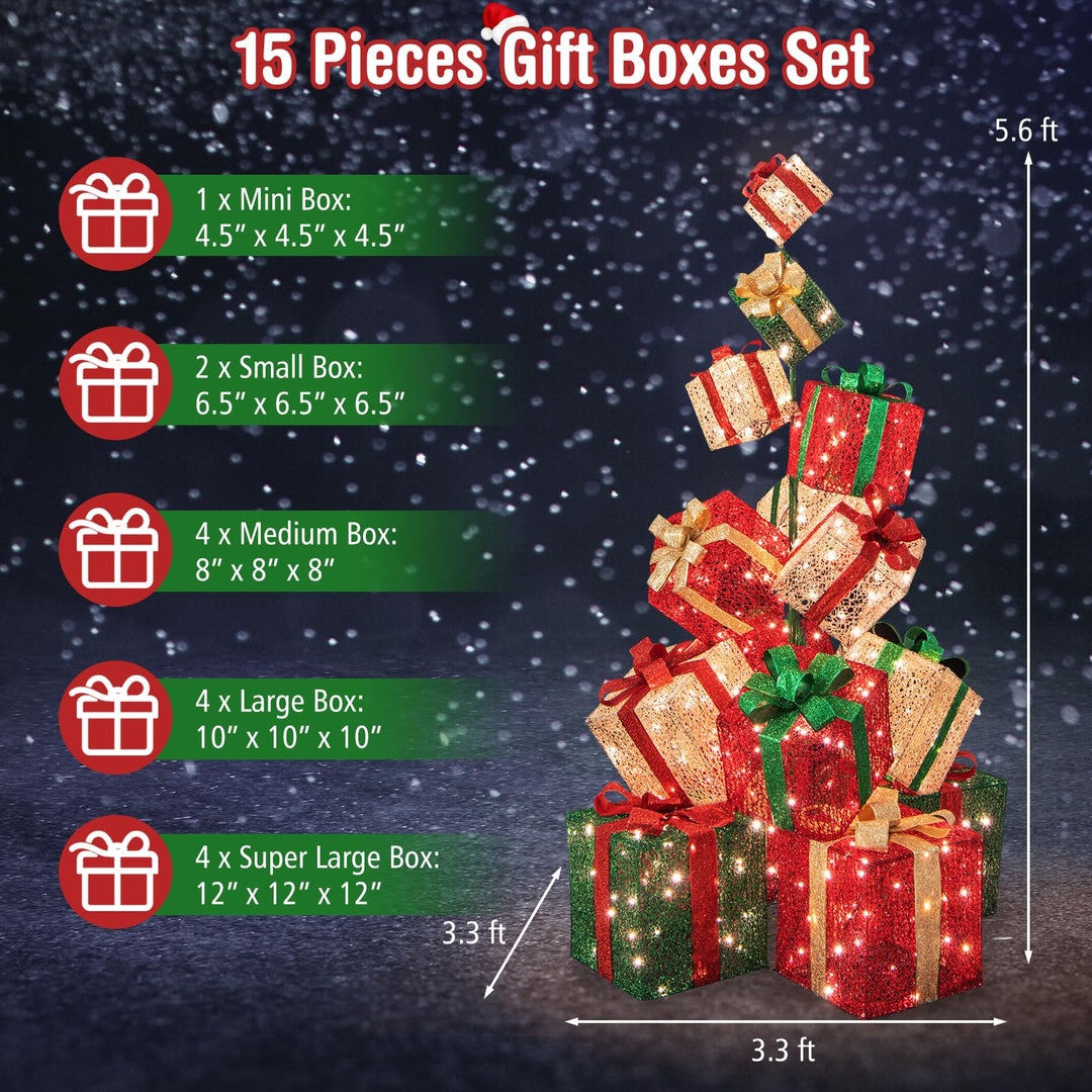 Lighted Christmas Gift Boxes Tower, 15 Pieces Stackable Pre-lit Xmas Present Boxes w/ 450 Warm White Lights