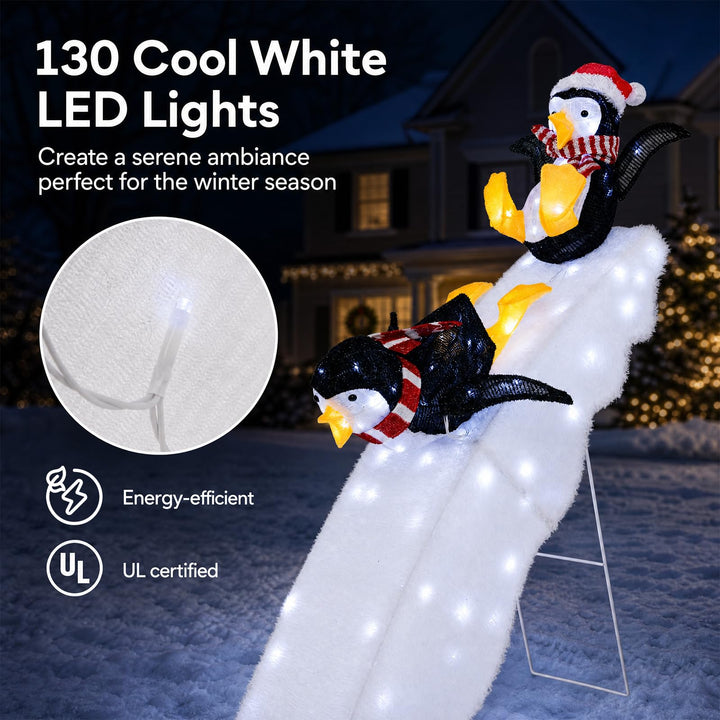 4 FT Tall Pre-Lit Outdoor Christmas Decoration, 2 Skiing Penguins &amp; Snowy Slide w/ 130 Cool White LED Lights