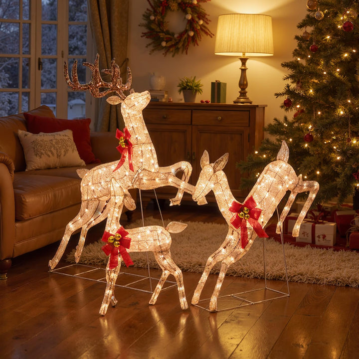 3 Pcs Light up Christmas Reindeers, 60" H Pre-lit Glittering Deer Family Set w/ 255 Warm White Lights &amp; Bows