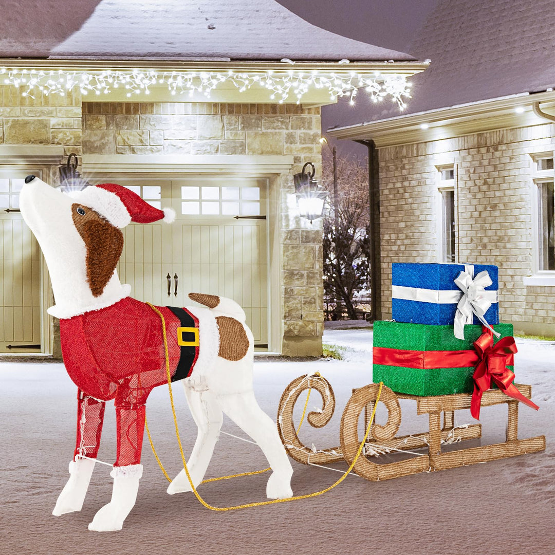 Lighted Christmas Decorations, Outdoor Pre-lit Xmas Dog &amp; Sleigh &amp; Gift Boxes Combo