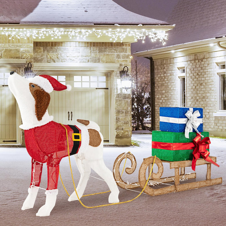 Lighted Christmas Decorations, Outdoor Pre-lit Xmas Dog &amp; Sleigh &amp; Gift Boxes Combo