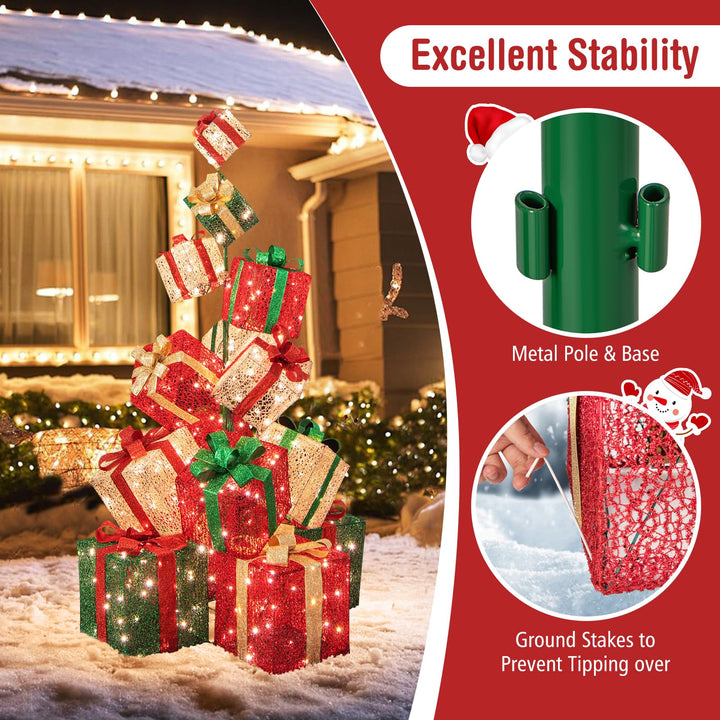 Lighted Christmas Gift Boxes Tower, 15 Pieces Stackable Pre-lit Xmas Present Boxes w/ 450 Warm White Lights